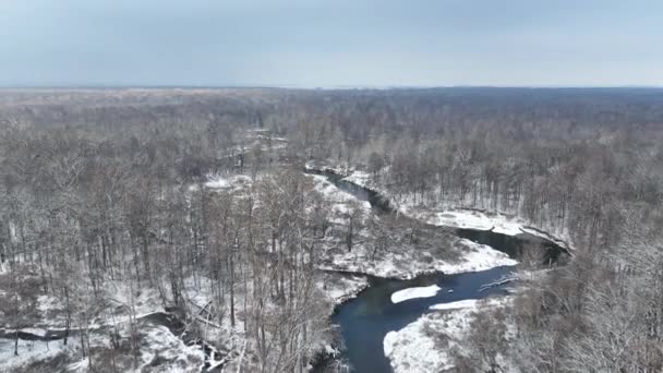 Rivier Delta Overstromingsvlakte Winter Sneeuw Meander Drone Antenne Binnenland Video — Stockvideo