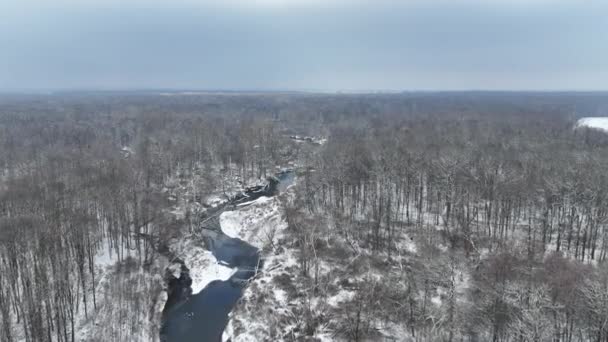 Flod Delta Översvämning Slätt Vinter Snö Meander Drönare Antenn Inlandet — Stockvideo