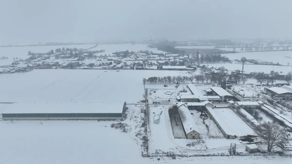 Agricultural farm winter frost snow drone aerial for breeding cattle and pigs, breeding of goats, sheep and horses. Village winter frost and snow magic snowy icing ice Stetovice warehouse stock. Hana