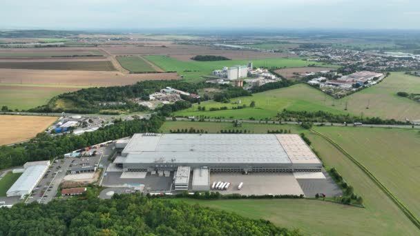 Armazéns Supermercado Drone Estoque Aéreo Construção Lojas Ocupação Anexação Campo — Vídeo de Stock
