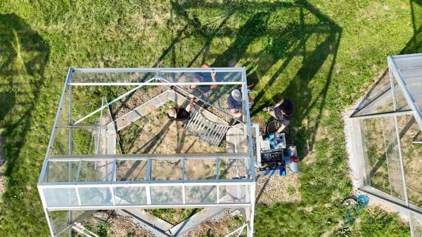 Misurazione Scientifica Lavoratori Edili Installazione Respirazione Aerea Drone Frumento Campo — Foto Stock