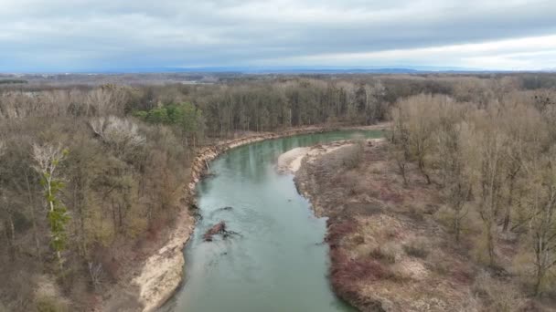 Rzeka Delta Zalewowa Zastudanci Zima Śnieg Meander Dron Antena Śródlądowe — Wideo stockowe