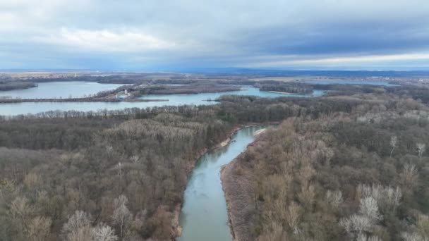 Banjir Sungai Delta Dataran Zastudanci Salju Musim Dingin Meander Drone — Stok Video