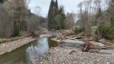 Nehir akıntısı teras taşları çökeltisi delta sonbahar çökeltisi Cerna Opava sel üzerine köprü yıktı drone hava aracı Jeseniky kumlu kum alüvyonu, banklar orman ladin sulak