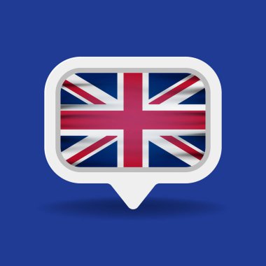 Büyük Britanya bayrağıyla beyaz konuşma balonu ve mavi arka planda uzun bir gölge. İngilizce kavramsal resimleme.