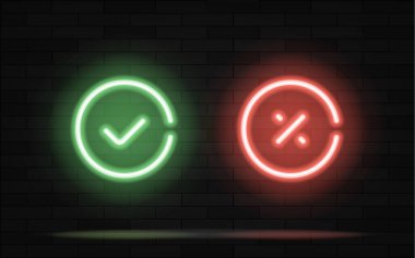 Siyah tuğla arka planda işaret çizgisi sembolü neon ışığını kontrol et. Vektör illüstrasyonu.