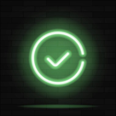 Yeşil onay işareti Neon işareti vektör. Kontrol listesi düğmesini neon tabela, tasarım şablonu, modern trend tasarım, gece neon tabela, gece parlak reklam, banner, hafif sanat yak. Vektör çizim