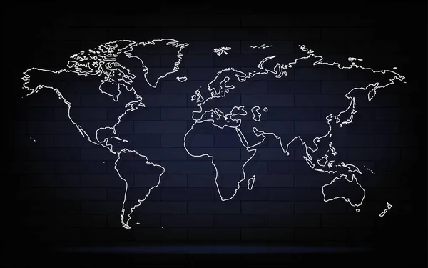 Mapa Mundo Branco Contornos Isolados Fundo Parede Tijolo Preto Ilustração —  Vetores de Stock