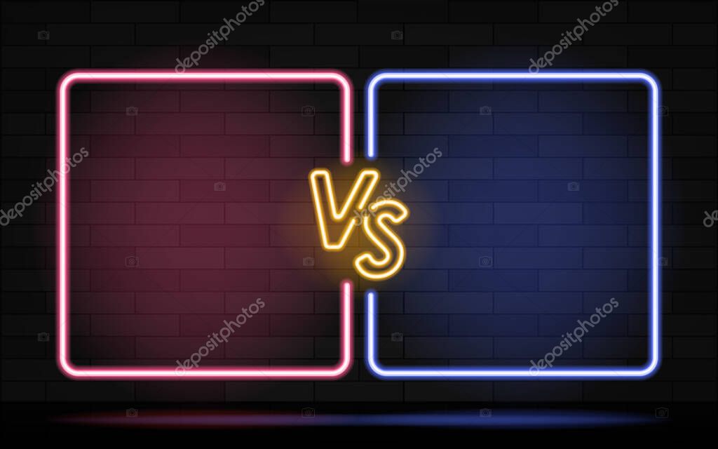 Neon frames for versus battle, sports and fight competition. Concept in neon style for two fighters. Vector illustration