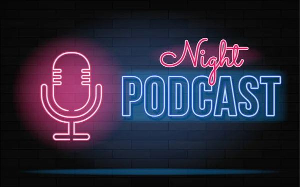 Podcast Segno Neon Microfono Sfondo Muro Mattoni Illustrazione Vettoriale Stile — Vettoriale Stock