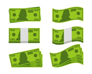 Banknotları paketliyorum. Vektör çizimi. Çeşitli demetlerde yeşil dolar, döviz tabelası. Yüzlerce dolar nakit, yeşil kağıt para..