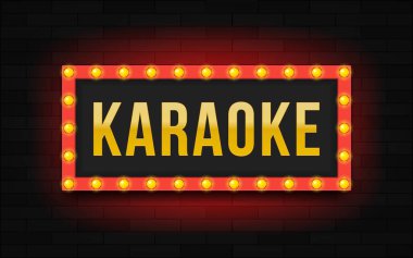 Harfli karaoke ile parlayan çerçeve. Modern illüstrasyon. Duvarında neon ışıkları olan bir çerçeve. Sinema gösterisi için iyi bir sirk tasarımı..