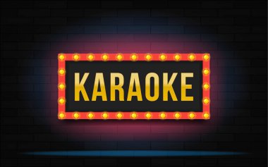 Harfli karaoke ile parlayan çerçeve. Modern illüstrasyon. Duvarında neon ışıkları olan bir çerçeve. Sinema gösterisi için iyi bir sirk tasarımı..