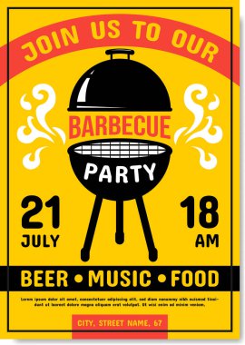 BBQ parti broşürü. Barbekü partisi posteri ve örnek metin. Modern stil davet vektör illüstrasyonu.