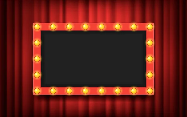 Rahmen Mit Glühbirnen Auf Rotem Theatervorhang Hintergrund Vektorflache Illustration Platz — Stockvektor