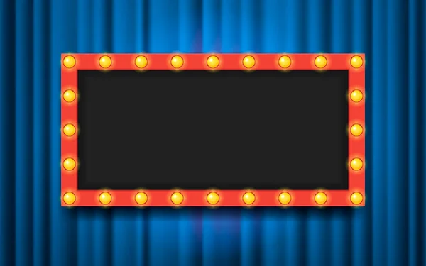 青の劇場のカーテンの背景に電球でフレーム ベクトルフラットイラスト テキスト 広告のためのスペース 空白のテンプレート — ストックベクタ