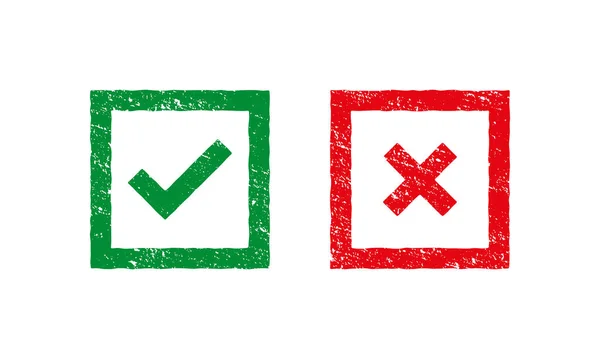 设置绿色和红色交叉和钩子勾选标记Ok和X图标符号是和No按钮用于投票决定 Grunge邮票模板 — 图库矢量图片