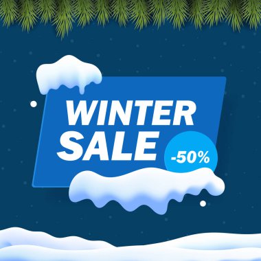 Kar Tanesi, Kar Tanesi ve Parıltılı Arkaplanlı Kış İndirimi afişi. Gradyan örgü karı ve noel ağacı sınır manzarası. Vektör İllüstrasyonu.