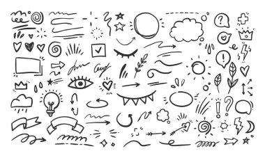 Karalama geçmişi. Siyah el çizilmiş vektör elementleri. Ok, kalp, aşk, yıldız, yaprak, güneş, çiçek, taç, girdap, bulut vs.