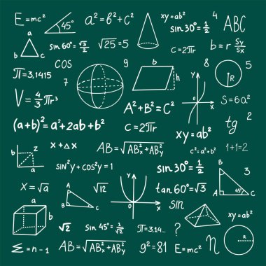 El çizimi matematik sembolleri. Yeşil arka planda matematik sembolleri. Matematik sembolleri çiz.