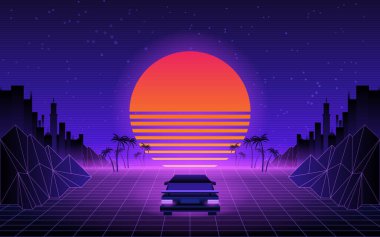 80 'lerin Retro-Fi geçmişi. Vector retro futuristic synth retro wave illustration in 1980s posterters style. 80 'ler tarzında herhangi bir baskı tasarımı için uygundur.