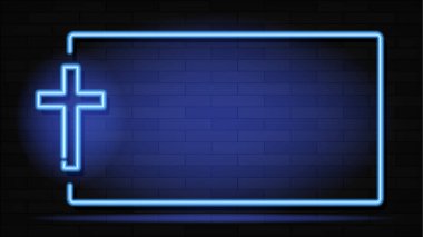 Haçın neon ışığı. Mesaj için yer var. Haçın parlak reklamı. Modern vektör logosu, pankart, kalkan, Hristiyanlığın çizimi. Tuğla duvarın arka planında gece reklamı.