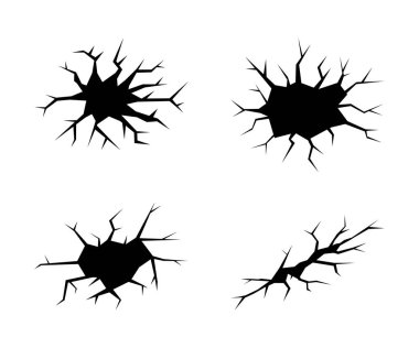 Zemin çatlakları ayarlandı. Deprem ve zemin çatlakları, delik etkisi, Craquelure ve hasarlı duvar dokusu. Deprem, çökme, yıkım konuları için vektör çizimleri.