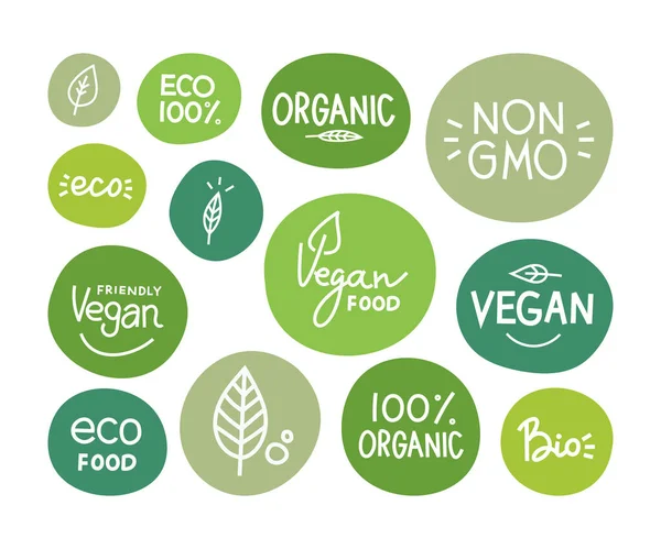 Gezonde Voedselpictogrammen Etiketten Organische Labels Natuurlijke Product Elementen Logo Voor — Stockvector