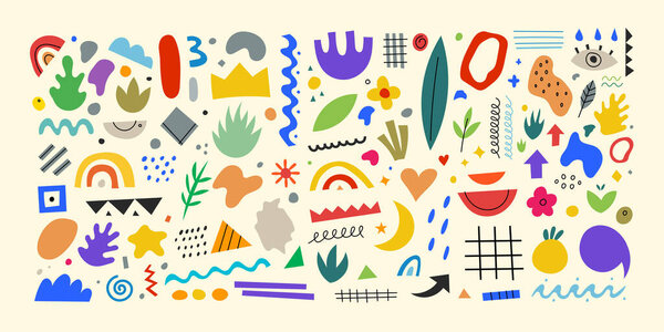 Set of trendy doodle and abstract nature icons on isolated background. Big summer collection, unusual organic shapes in freehand matisse art style. Includes shapes, lines, blobs, floral art and texture bundle.