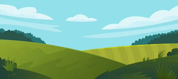 夜明け 緑の丘 明るい色の青い空 フラットな漫画のスタイルの背景の美しいフィールド風景のベクトル イラスト — ストックベクタ