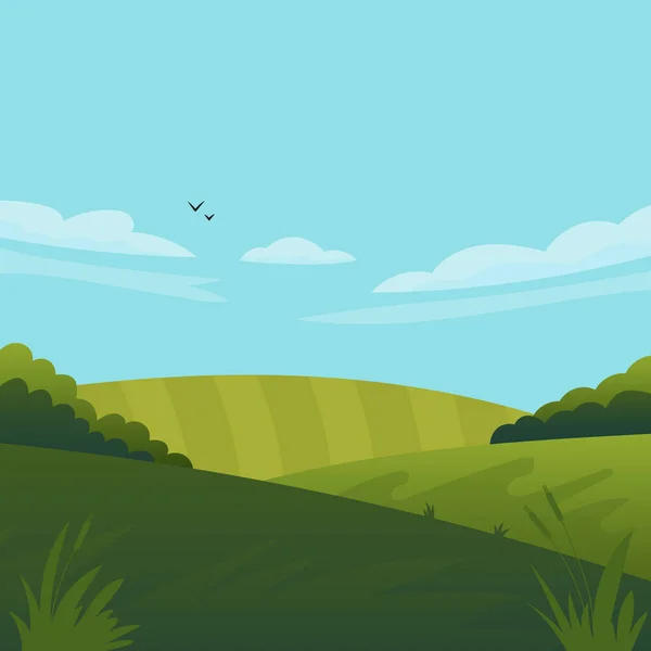 美丽田野的矢量插画与黎明 绿色的山丘 明亮的色彩蓝天 背景在平面卡通风格 — 图库矢量图片