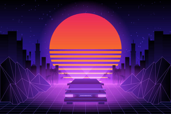 80s Retro Sci-Fi Background. Vector retro futuristic synth retro wave illustration in 1980s posters style. Suitable for any print design in 80s style.