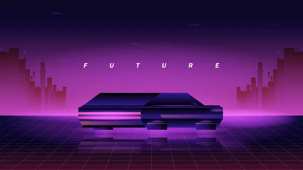 Retro Przyszłość 80S Styl Sci Tle Latającym Supersamochodem Futurystyczny Samochód — Wektor stockowy