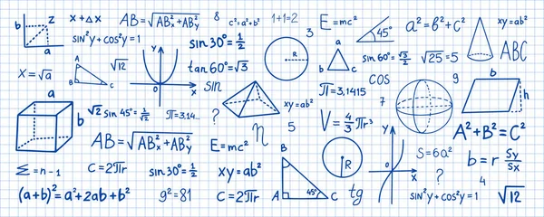 Símbolos Matemáticos Dibujados Mano Símbolos Matemáticos Fondo Página Del Cuaderno — Archivo Imágenes Vectoriales