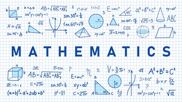 手描きの数学記号 ノートブックページの背景の数学記号 数学記号のスケッチ — ストックベクタ