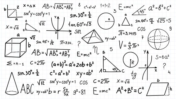 数学式をかわせ 手書きの数学式 ノートブックの二乗紙のスキーム 代数または幾何学計算ベクトルセット 大学講義ノート — ストックベクタ