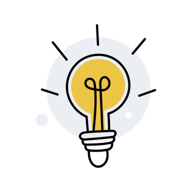 Işıklı ampul. Çizgi film tarzı. Düz stil. El çizimi stili. Doodle tarzı. Yaratıcılığın, yeniliğin, ilhamın, icadın ve fikrin sembolü. Vektör illüstrasyonu