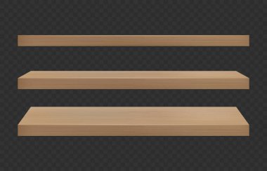 Realistic empty wooden store shelves set. Product shelf with wood texture. Grocery wall rack. Vector illustration.
