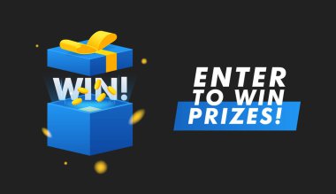 Mavi hediye kutusu, konfeti ışıkları ve siyah arka planda altın sikkeler. Kazanma Ödülleri 'ne girin. Vektör İllüstrasyonu.