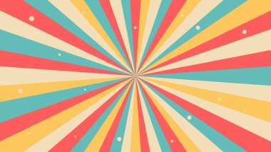 Harika bir retro girdap patlaması, yaz ve karnaval arka planı. Renkli güneş patlaması ya da yıldız patlaması olan geçmişe dönük arkaplan. Klasik renk paleti, girdap çizgileri olan desen.