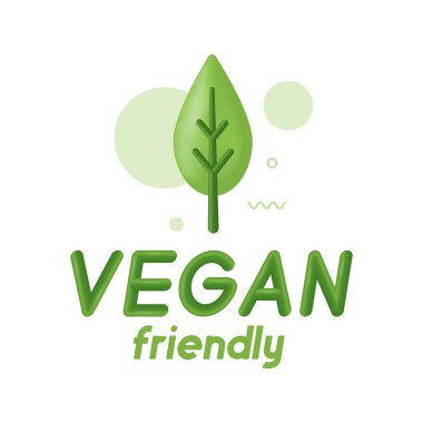 Vegan 3D stil ikonu. Biyoloji, Ekoloji, Organik logolar ve rozetler, etiket, etiket. Beyaz arka planda yeşil yaprak. Vektör illüstrasyonu