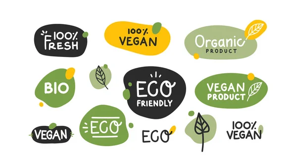 Etiquetas Etiquetas Del Logotipo Alimentos Orgánicos Veganos Frescos Saludables Ilustración — Archivo Imágenes Vectoriales