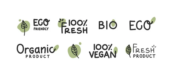 Verse Gezonde Biologische Vegan Food Logo Etiketten Labels Vector Hand — Stockvector