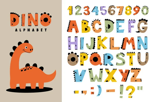Συλλογή Dino Αλφάβητο Και Αριθμούς Αστεία Γραμματοσειρά Κόμικ Απλό Ζωγραφισμένο — Διανυσματικό Αρχείο