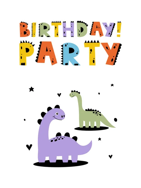 stock vector Dino party. Dino birthday. Dinosaur lettering. Bright modern illustration for kids, nursery, poster, card, birthday party, packaging paper design.