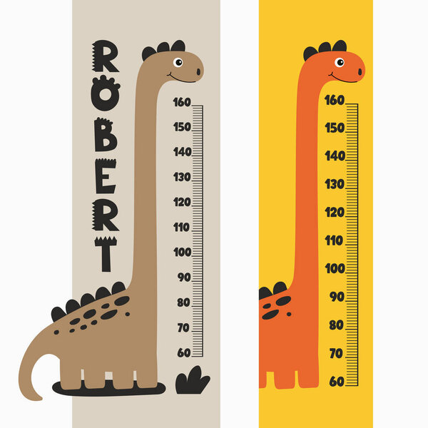 Набор диаграмм роста детей со смешными динозаврами в мультяшном стиле. Векторная иллюстрация. Детская стена для детского сада с милым динозавром. Отлично подходит для девочек и мальчиков комнаты.