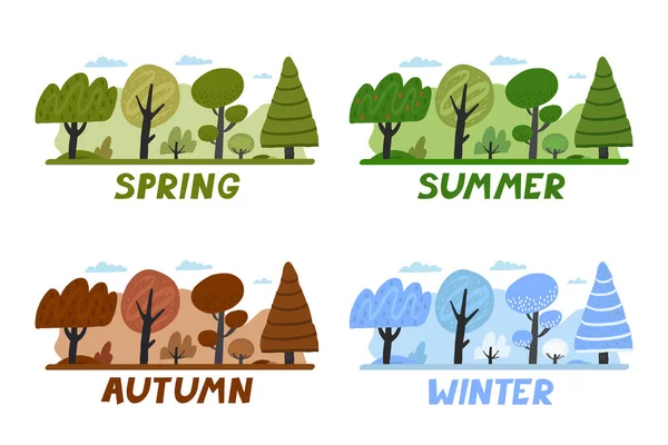 Четыре Сезона Природы Меняют Красочные Векторные Иллюстрации Ландшафта Зима Весна — стоковый вектор