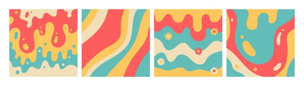 Groovy Waves Psychedelic Curved Vector Backgrounds Set Texto Fundo Moderno — Vetor de Stock
