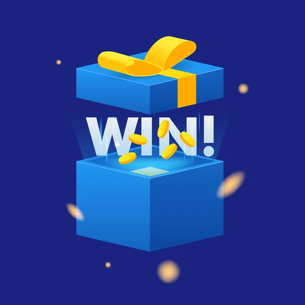 Win Texto Caixa Azul Aberta Com Explosão Confete Dentro Moedas — Vetor de Stock