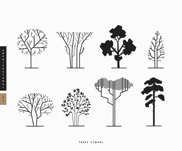 Yan Görüş Siyah Grafik Ağaçları Seti Mimari Peyzaj Tasarımı Sembolü — Stok Vektör